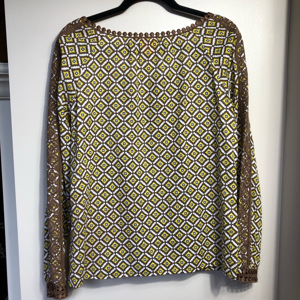 Tory Burch Brown Yellow Diamond Geometric Pattern Embroidered Trim Top Size 6 - Picture 6 of 7